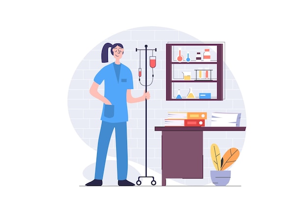 El concepto de medicina en el diseño plano moderno para la web La enfermera con gotero ayuda a los pacientes en las salas del hospital haciendo asistencia apoya en la reanimación intensiva cuidando en la clínica Ilustración vectorial