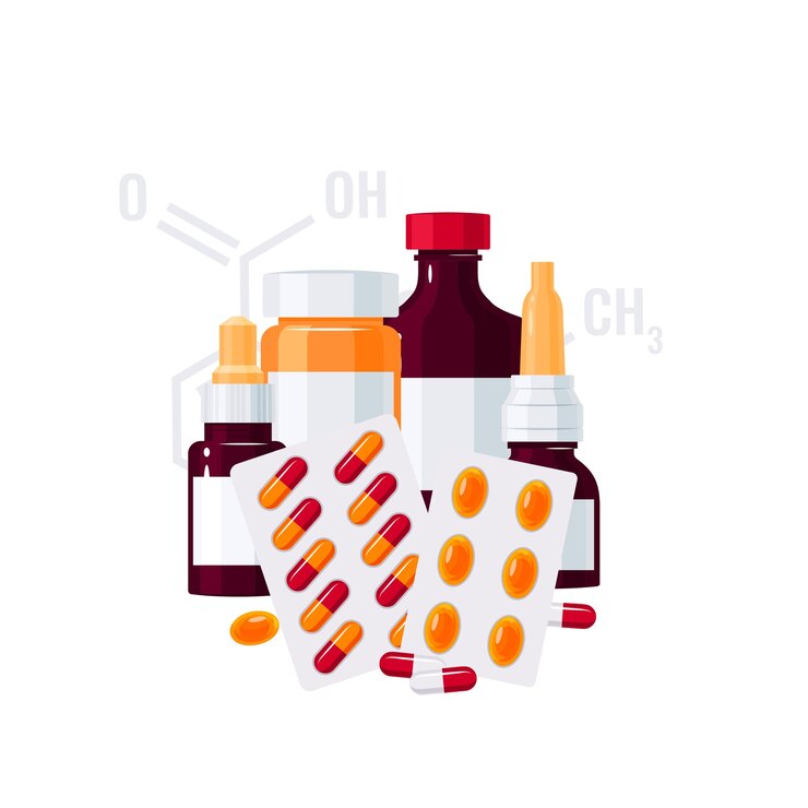 Vector concepto de medicina. frascos con medicamentos y pastillas en ampollas de estilo plano.
