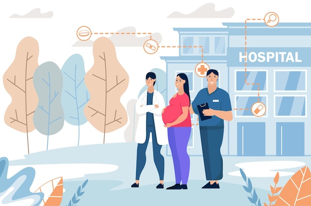 Concepto de medicina ginecológica con escena de personas en el estilo de dibujos animados planos Monitores de médicos