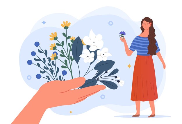 El concepto de la medicina herbal una gran mano extiende varias plantas medicinales a la niña tradicional