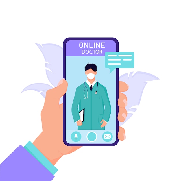 Concepto de medicina y salud, segunda consulta en línea en el teléfono inteligente. Mano sostiene el teléfono sobre un fondo blanco aislado en estilo plano. Para banner web, ilustración de diseño de aplicaciones