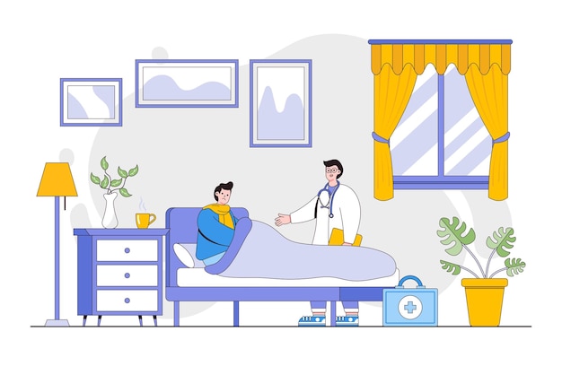 Vector concepto de médico en casa médico visitando a un hombre en su casa hombre acostado en la cama mientras lo examinan con un médico pediatra estilo de diseño de esquema ilustración vectorial mínima para la página de destino