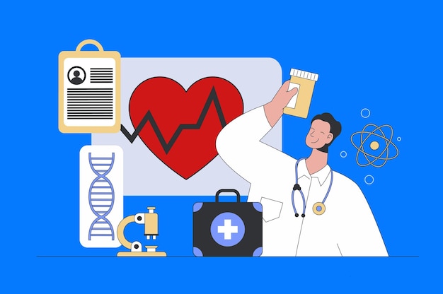 Concepto médico en el diseño plano moderno para la web El médico consulta al paciente y el diagnóstico hace la receta del cardiólogo con medicamentos Ilustración vectorial para medios sociales Material de marketing de banner