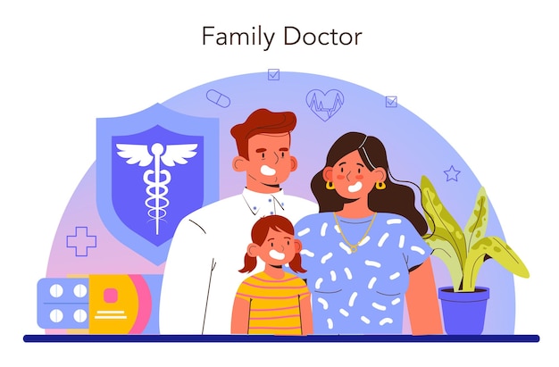 Vector concepto de médico de familia. cuidado de la salud, tratamiento de medicina moderna.