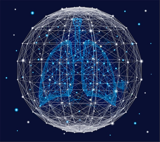 Concepto médico futurista con pulmones humanos azules y esfera del plexo. Diseño geométrico abstracto con efecto plexo