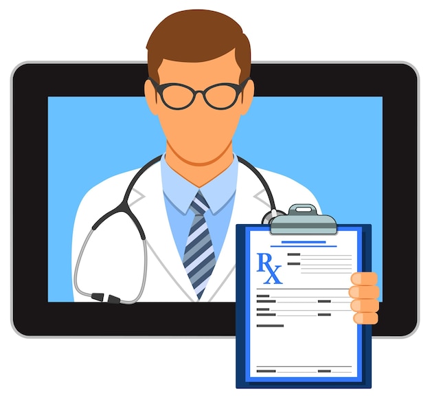 Concepto médico con iconos planos tableta y receta médica en línea y estetoscopio