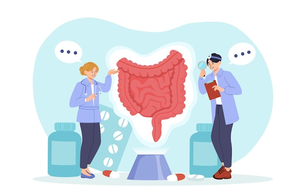 Concepto médico y intestinal Hombre y mujer en batas médicas estudian el sistema digestivo Medicina y atención sanitaria Anatomía y biología Diagnóstico y tratamiento Ilustración de vector plano de dibujos animados