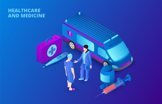 Concepto médico isométrico con ambulancia y médicos en un fondo azul oscuro