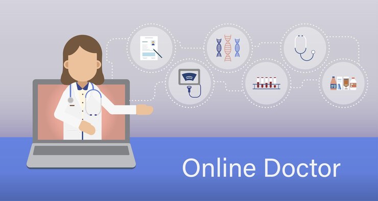 Vector concepto de médico en línea con el médico hablar con la ilustración de vector en línea del paciente