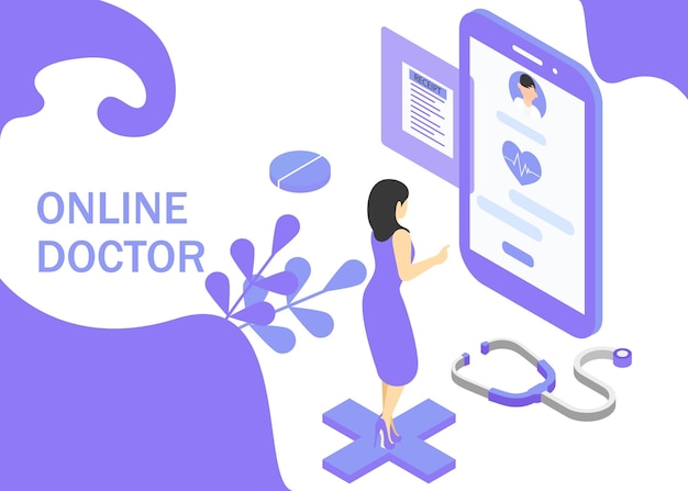 Concepto médico en línea Proyección isométrica Estilo moderno en color púrpura Ilustración vectorial EPS 10