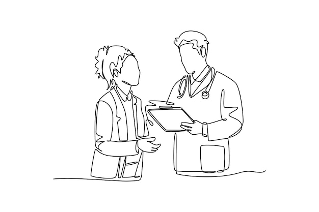 Concepto de médico y paciente Diseño de dibujo de línea única Ilustración gráfica vectorial