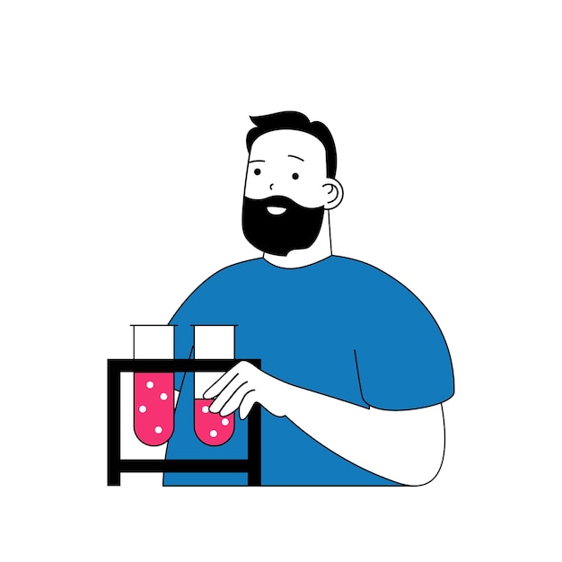 Concepto médico con personas de dibujos animados en diseño plano para web Hombre con tubos de ensayo investigando sangre u otro líquido en laboratorio Ilustración vectorial para material de marketing de banners en redes sociales