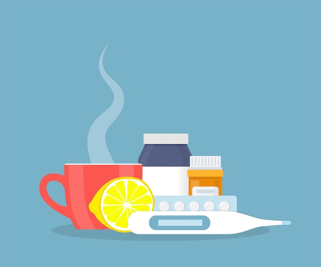 Concepto médico Resfriado gripe medicamentos para la tos jarabe medicinal píldoras cápsulas taza de bebida caliente termómetro limón Ilustración vectorial en un estilo plano