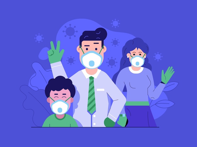 Concepto de medidas de protección antivirus familiar con hombre, mujer y niño con mascarillas y guantes que protegen de virus y microbios. Ilustración de uso de respirador para la prevención de la propagación aeróbica epidémica