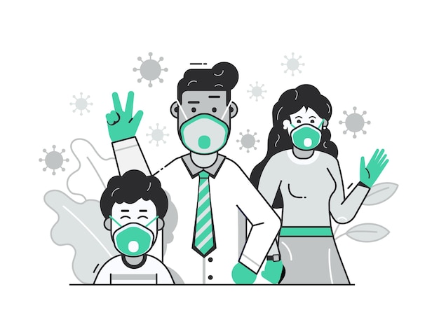 Concepto de medidas de protección contra virus familiares con hombres, mujeres y niños que usan mascarillas y guantes que protegen de virus y microbios. ilustración de uso de respirador para la prevención de la propagación aeróbica epidémica.