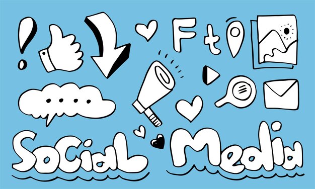 Concepto de medios sociales con estilo de doodle para el sitio web Ilustración vectorial