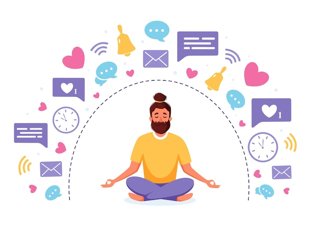 Concepto de meditación y desintoxicación digital con hombre meditando en posición de loto
