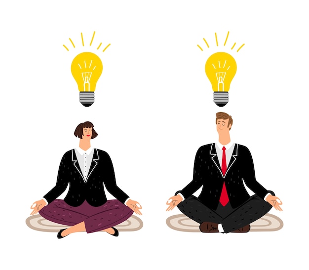 Concepto de meditación. La gente de negocios encuentra el equilibrio. Pensamiento creativo en la ilustración de vector de mente tranquila. Personajes de negocios planos