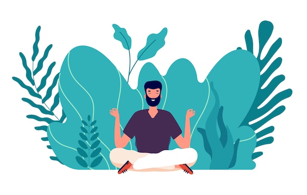 Concepto de meditación. el hombre sana, equilibra la energía y encuentra la armonía de la vida. zen masculino, salud y bienestar. centrarse en la ilustración de vector de idea de negocio. pose de equilibrio y armonía, yoga de relajación de salud