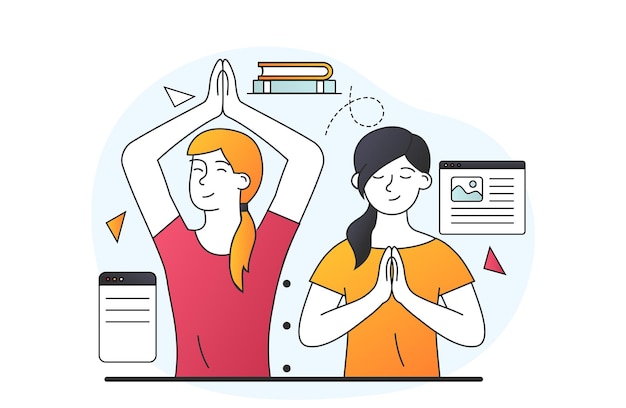 Vector concepto de meditación durante las niñas practican yoga limpieza de la cabeza ejercicios de concentración recuperándose de