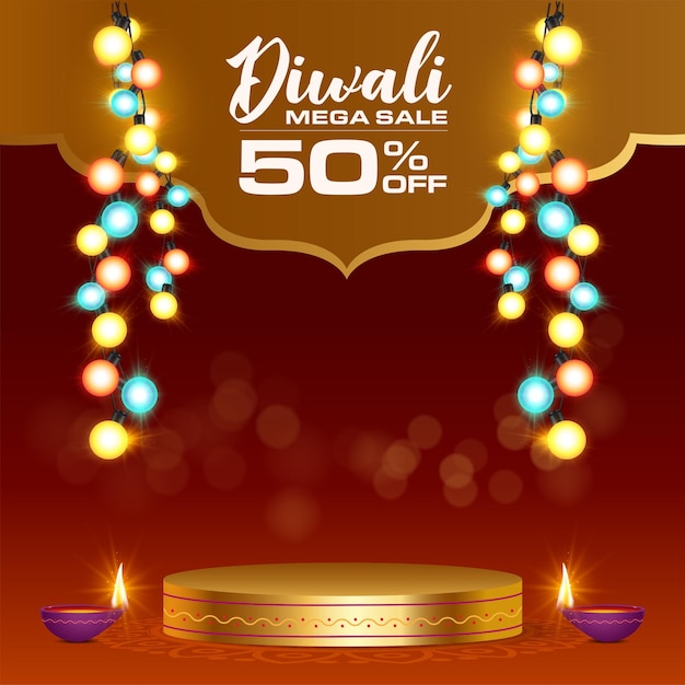 Concepto de mega venta de diwali con podio dorado para producto y decorado con luces led colgantes, diya