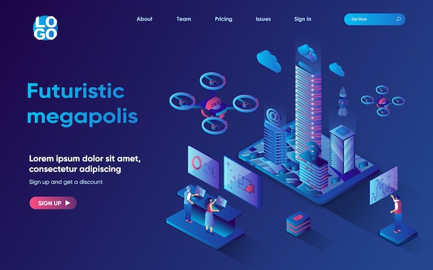 Concepto de megapolis futurista Página de inicio web isométrica 3d Indicadores y control de monitoreo de personas