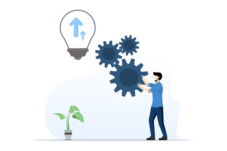 Vector concepto de mejora del proceso con el hombre insertando herramientas en el sistema para mejorar el proceso