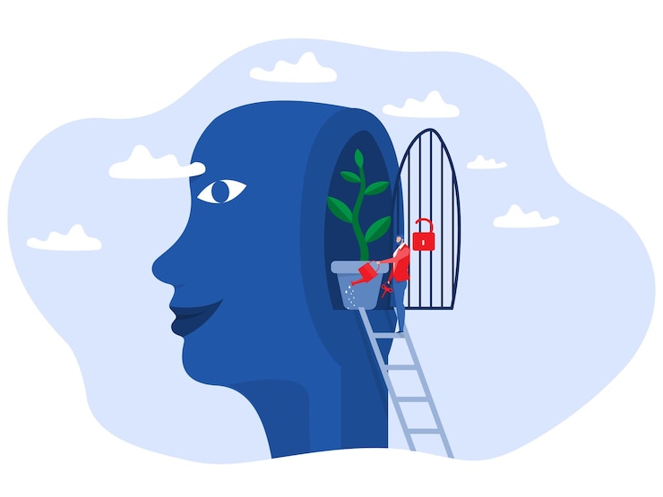 Vector concepto de mentalidad de crecimiento personas leyendo libros con plantas de riego del cerebro