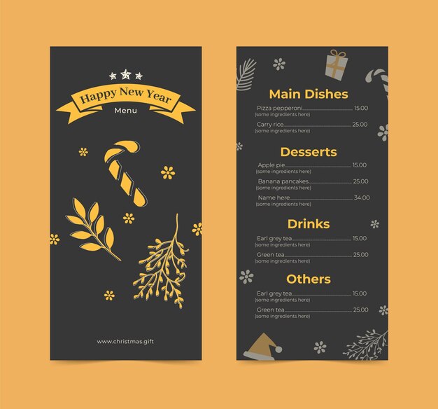Concepto de menú de restaurante plano de Navidad y Feliz Año Nuevo
