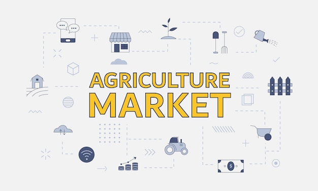 Concepto de mercado agrícola con conjunto de iconos con gran palabra o texto en la ilustración de vector de centro