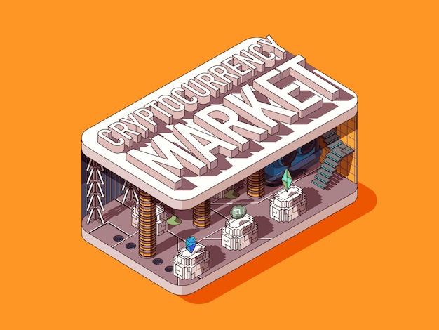 Concepto de mercado criptográfico en diseño gráfico isométrico 3d Plataforma de intercambio en línea de criptomonedas de comercio agrícola minero abstracto Ilustración vectorial con personas en el interior de la sala isométrica para banner web