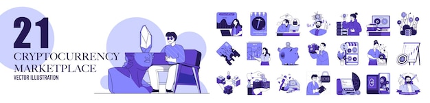 Concepto de mercado de criptomonedas con colección de situaciones de personajes Paquete de escenas personas de análisis criptográfico y comercio en el intercambio y compra de arte NFT Ilustraciones vectoriales en diseño web plano