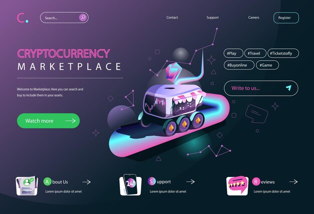 Concepto de mercado de criptomonedas en diseño de dibujos animados planos para el diseño de la página de inicio Negocio criptográfico que vende o compra bitcoins en el intercambio en línea Ilustración vectorial para la página de inicio y el banner web