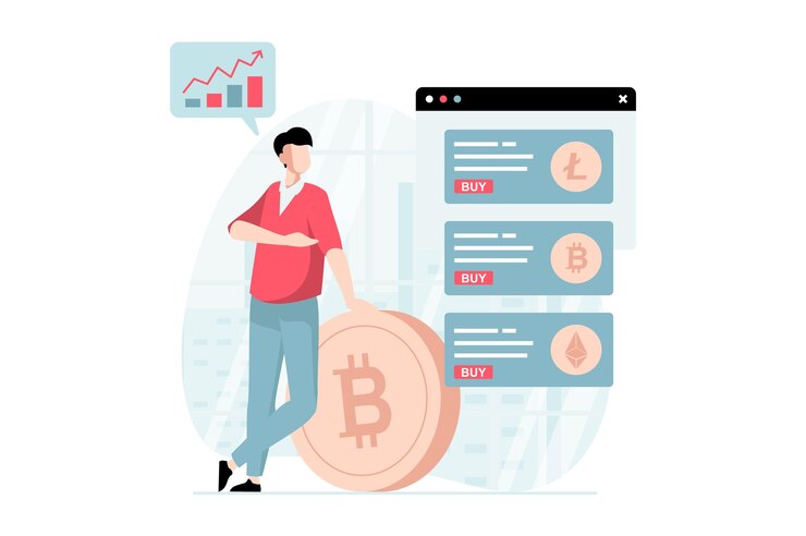 Vector concepto de mercado de criptomonedas con escena de personas en diseño plano hombre comerciando en criptomercado y comprando bitcoins litecoins o ethereum ilustración vectorial con situación de personaje para web