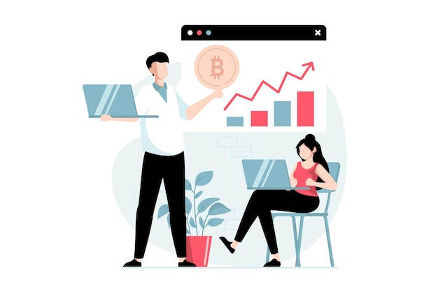 Concepto de mercado de criptomonedas con escena de personas en diseño plano mujer y mujer analizando datos y tendencias del mercado criptográfico y comprando bitcoins ilustración vectorial con situación de carácter para web