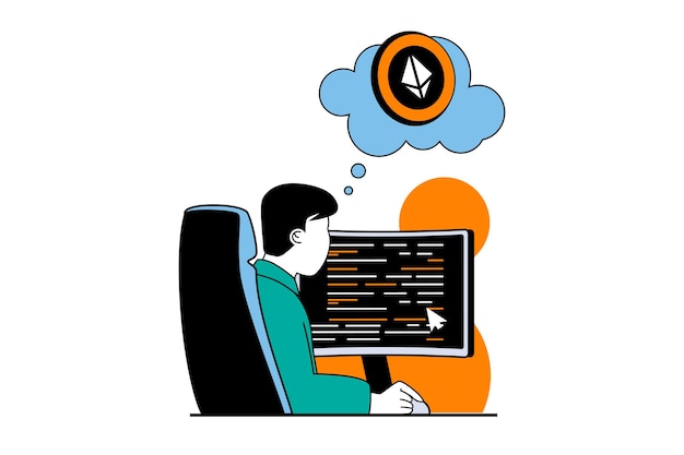 Concepto de mercado de criptomonedas con escena de personas en diseño web plano Hombre comerciando dinero criptográfico y monitoreando datos en la computadora Ilustración vectorial para material de marketing de banners en redes sociales