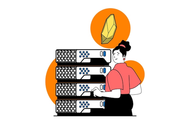 Concepto de mercado de criptomonedas con escena de personas en diseño web plano Mujer minando monedas criptográficas y monitoreando la granja de servidores en rack Ilustración vectorial para material de marketing de banners en redes sociales