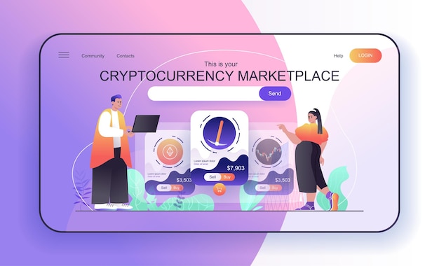 concepto de mercado de criptomonedas para personas de la página de destino que analizan estadísticas financieras