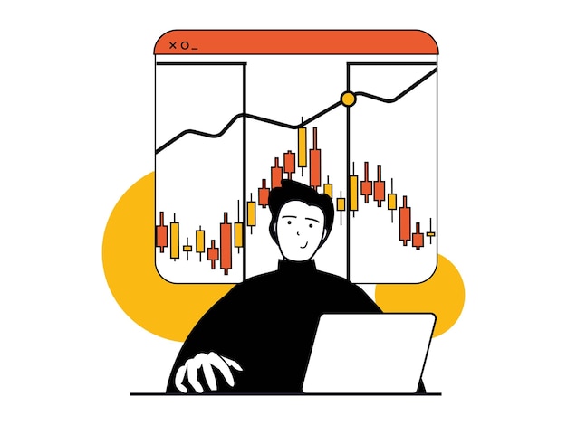 Concepto de mercado de criptomonedas con situación de carácter El hombre analiza las estadísticas financieras trabaja con gráfico de velas y tendencias Ilustraciones vectoriales con escena de personas en diseño plano para web