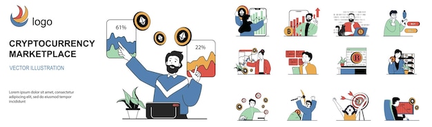 Concepto de mercado de criptomonedas con situaciones de personajes mega establecido en diseño web plano Conjunto de escenas personas minando bitcoins negociando en bolsas de divisas ganando dinero Ilustraciones vectoriales