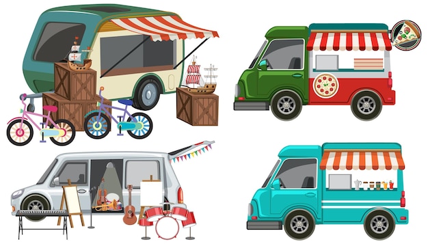 Concepto de mercado de pulgas con un conjunto de diferentes camiones de comida