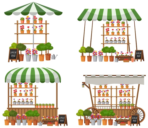 Concepto de mercado de pulgas con un conjunto de diferentes tiendas de plantas.