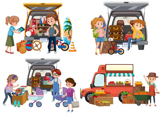 Concepto de mercado de pulgas con un conjunto de diferentes ventas de maleteros de automóviles