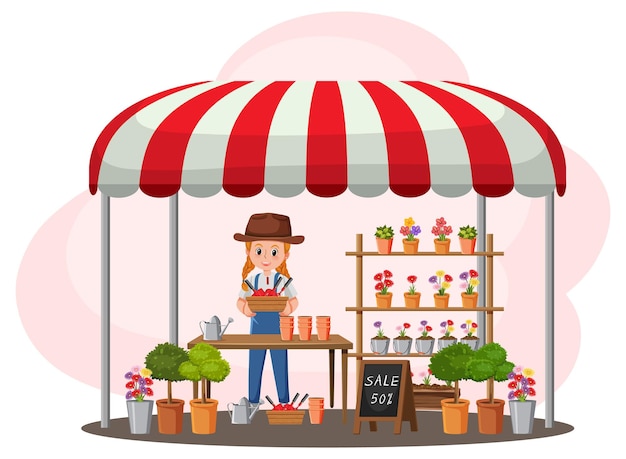 Concepto de mercado de pulgas con tienda de jardín