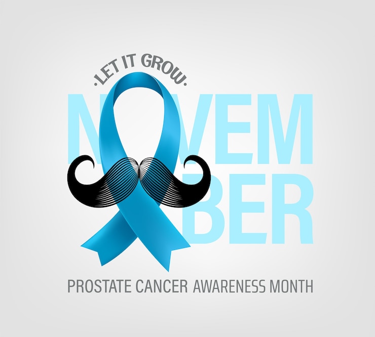 Vector concepto del mes de concientización sobre el cáncer de próstata con cinta de seda azul claro y bigote