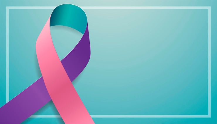 Vector concepto de mes de concientización sobre la tiroides. banner con conciencia de cinta rosa, verde azulado y morado. ilustración vectorial.