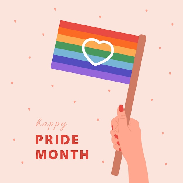 Concepto del mes del orgullo feliz Desfile gay Mano femenina sosteniendo la bandera del arco iris LGBT