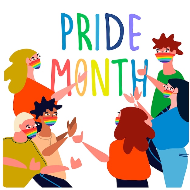 Concepto del Mes del Orgullo Gente alegre celebrando el desfile del orgullo Ilustración vectorial en estilo plano Concepto de autoafirmación de minorías sexuales