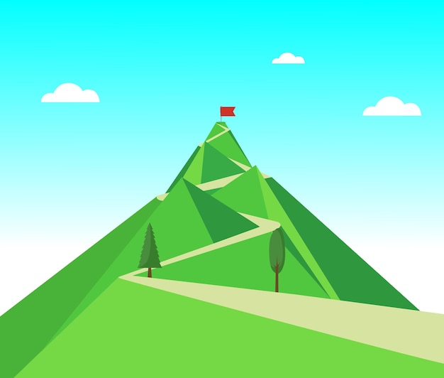 Concepto de meta con montañas con camino a la cima e ilustración de la bandera