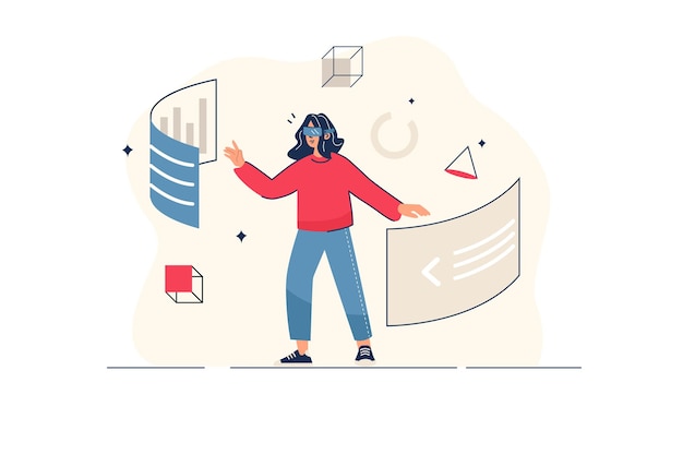 Concepto de metaverso en diseño de línea plana con escena de personas Mujer en gafas de realidad virtual trabajando
